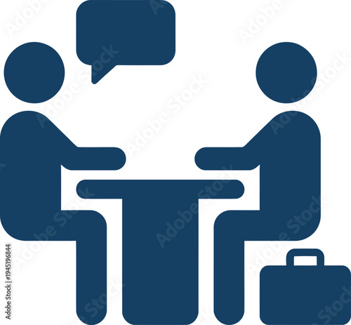 Professional business meeting icon with two people sitting at a desk and a speech bubble.