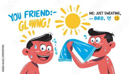 Humorous illustration of friends sweating heavily during intense summer heat vector cartoon design