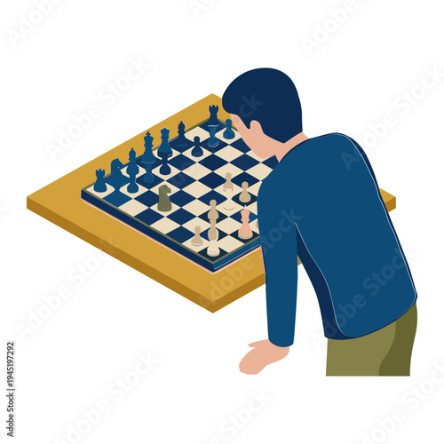 Man plays strategic game of chess on wooden board indoors