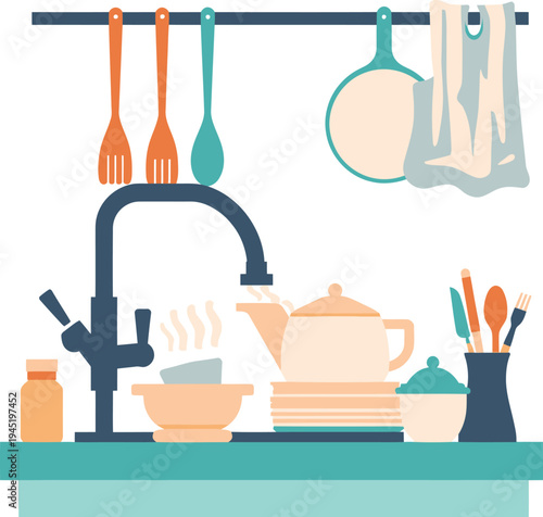 Kitchen Sink with Clean Dishes Plates Teapot and Hanging Utensils for Home Housework and Interior Design Vector Illustration