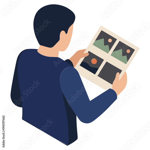 A man is viewing a collage of photographs in his hands from behind.