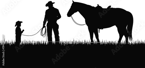 Cowboy and child with horse silhouettes standing in grassy field isolated on white background, western ranch lifestyle vector illustration