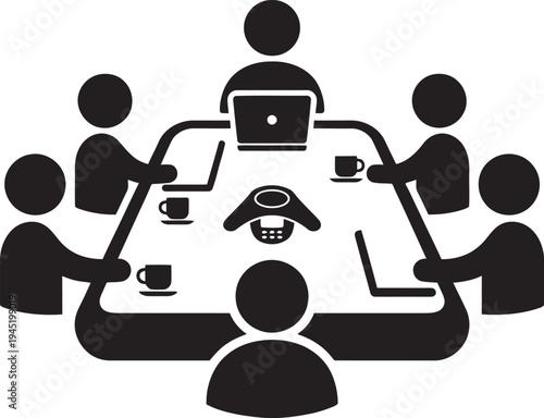 Business meeting icon showing people sitting around a conference table with laptops and coffee.