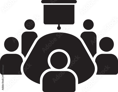 Business team meeting icon with people sitting around a table and presentation screen
