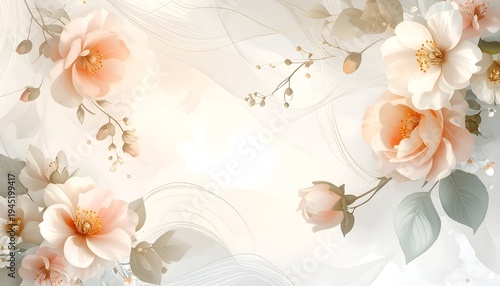 Floral arrangement with soft peach and ivory blooms on a gentle, flowing background