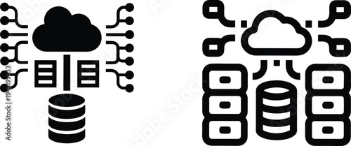 Cloud computing and database server network connection vector silhouette icons.