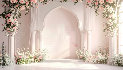 A light-filled, elegant space with floral arrangements, an archway, and soft lighting