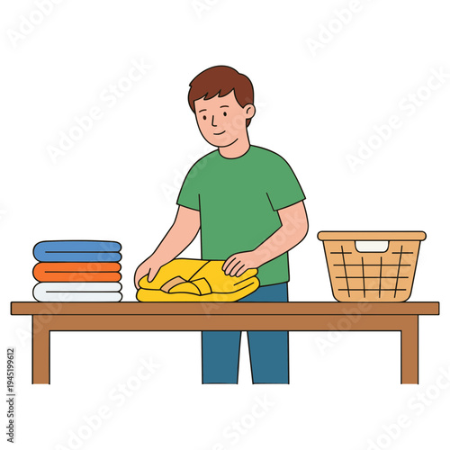 A man folds laundry on a table with a basket