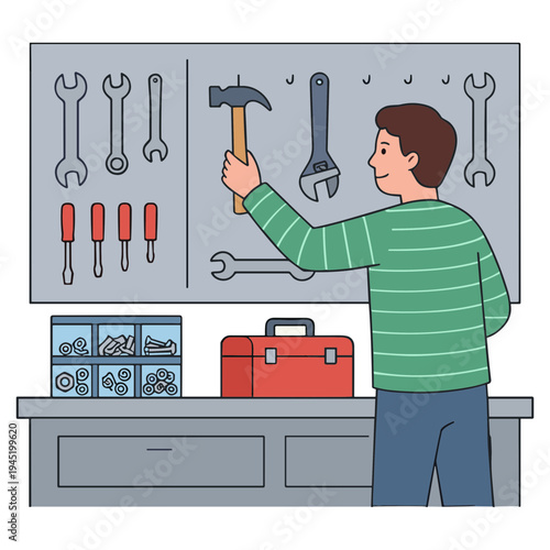 A man is holding a hammer in front of a pegboard with tools.