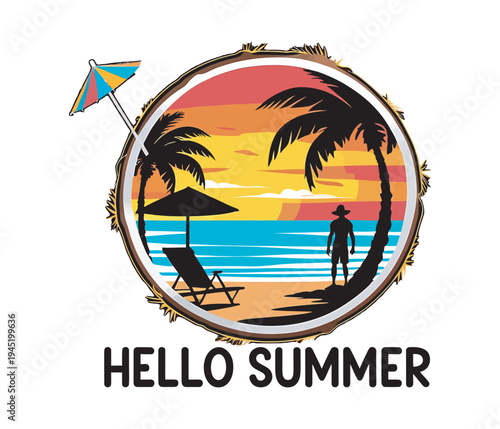 Coconut shell frame showing beach sunset landscape with palm trees and hello summer text