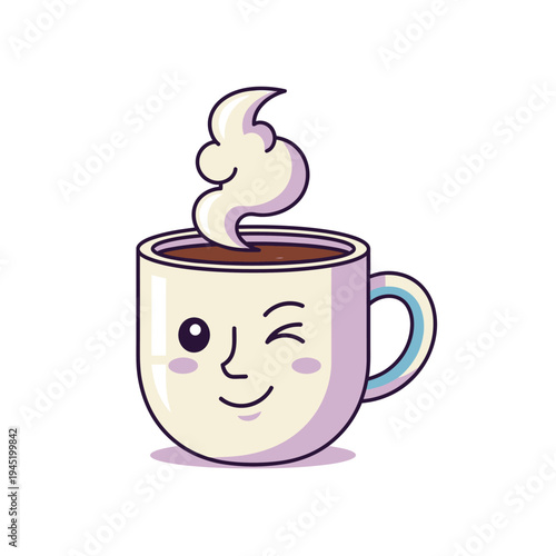 A charming and cheerful cartoon coffee mug illustration winking playfully, with rising steam, perfect for a positive start to the day or a delightful beverage concept