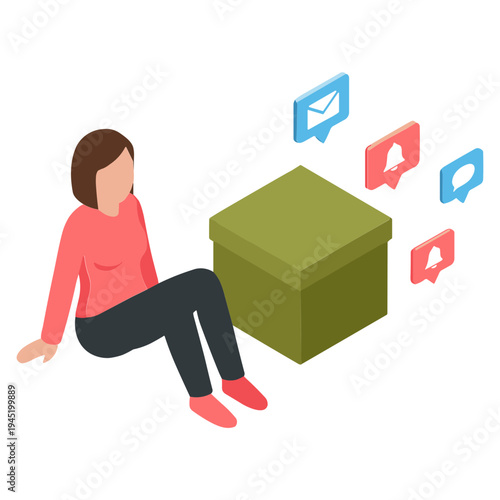 Woman sitting next to green cube chatting with speech bubbles floating by