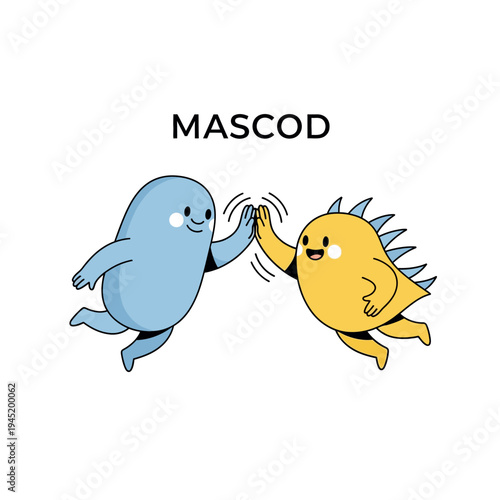 Two cute cartoon monsters giving each other a high five with the word MASCOD above them on a white background