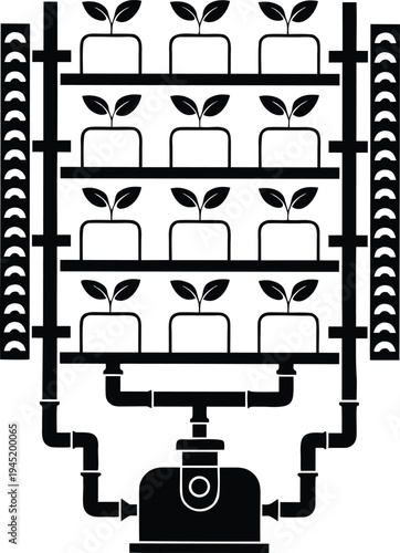 Smart vertical hydroponic farming system with automated irrigation vector silhouette.