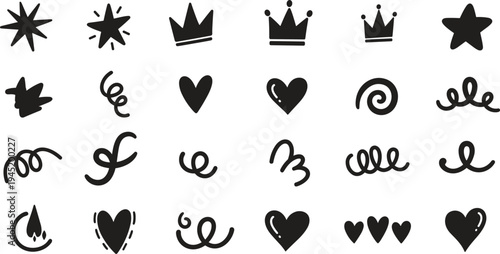 Collection of black decorative symbols and icons on white background