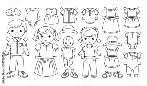 Paper Doll Dress Up Coloring Page Kids Clothes Cutout Toy Game Vector