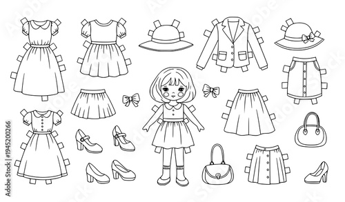 Cute Girl Paper Doll Clothes Dress Up Coloring Book Cutout Vector