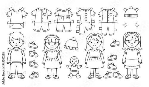 Paper Doll Family Coloring Page Dress Up Clothes Printable Kids Vector