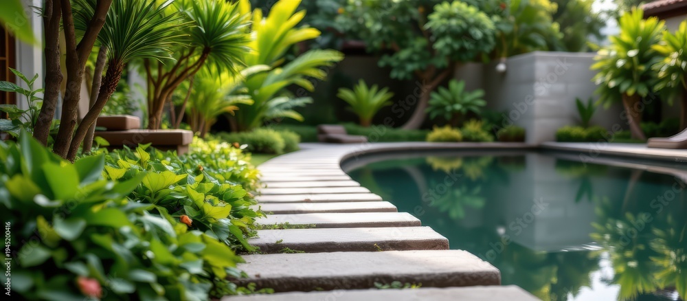 Fototapeta premium Serene garden with a pool and lush tropical plants along a stone pathway.