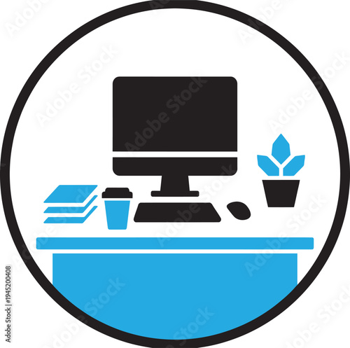 Minimalist flat icon illustration of a modern office workspace with a computer and plant