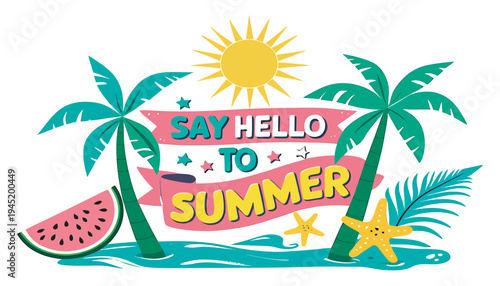 Summer greeting banner with palm trees watermelon and starfish for tropical beach party