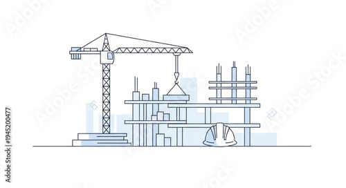 Construction Site Sketch - Crane Lifting Materials for Building Project.