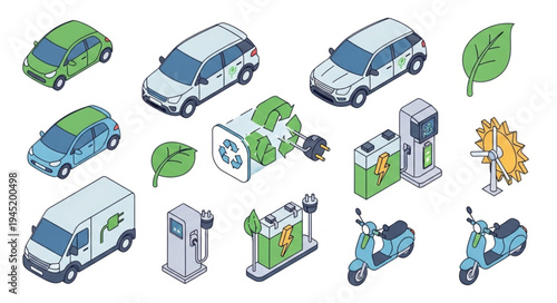 Isometric Green Energy and Eco-Friendly Transportation Icons.
