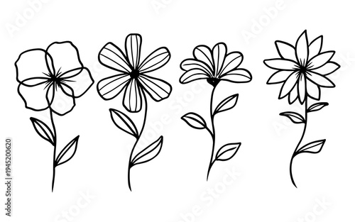 Four hand-drawn outline flowers with stems and leaves, showcasing simple botanical line art illustrations perfect for various design projects.