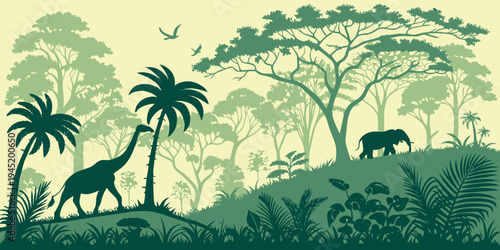 Jungle forest silhouette, rainforest background. Amazon forest scenery, jungle environment vector backdrop, wallpaper with palm trees, lianas, animals silhouettes