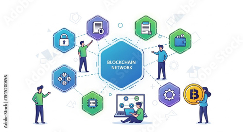 Blockchain Network Illustration with People and Cryptocurrency Bitcoin.