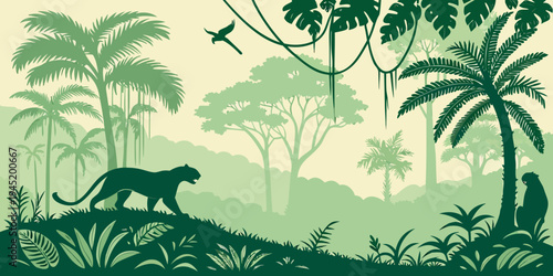 Jungle forest silhouette, rainforest background. Amazon forest scenery, jungle environment vector backdrop, wallpaper with palm trees, lianas, animals silhouettes