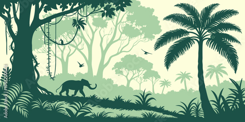 Jungle forest silhouette, rainforest background. Amazon forest scenery, jungle environment vector backdrop, wallpaper with palm trees, lianas, animals silhouettes