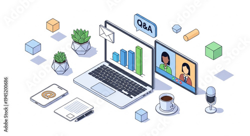 Isometric Illustration of Online Meeting with Laptop and Digital Tablet.