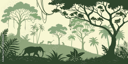Jungle forest silhouette, rainforest background. Amazon forest scenery, jungle environment vector backdrop, wallpaper with palm trees, lianas, animals silhouettes
