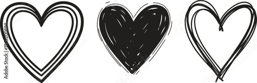 Three black heart shapes with varying line styles on a white background