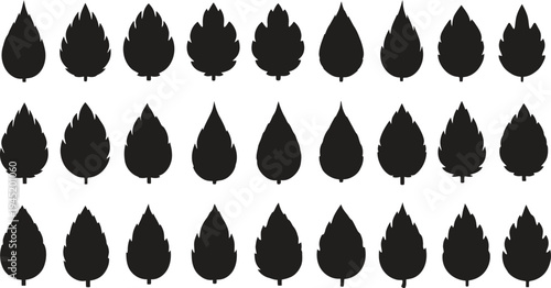 A collection of thirty six black leaf silhouettes arranged in three rows on a white background