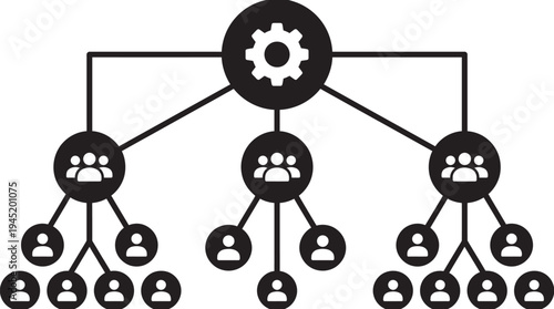 Hierarchical organizational structure with a central gear representing management and teamwork.