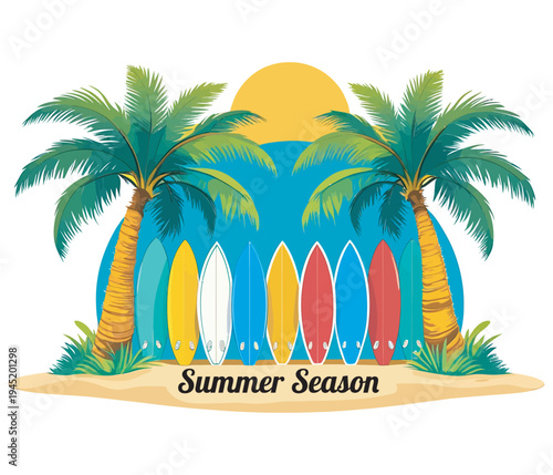 Summer season text with surfboards lined up under palm trees and bright sun