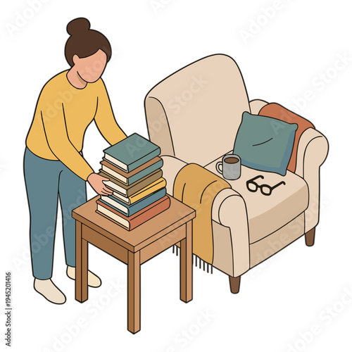 Woman places stack of books on wooden table beside comfortable armchair indoors