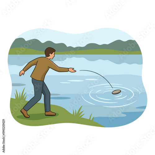 Man fishing on lake shore with rod and water ripples in serene landscape