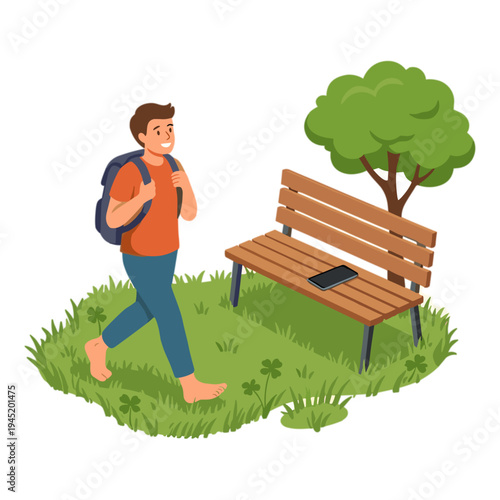 Man walks past wooden bench under tree on grassy area