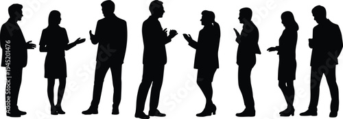 Business people silhouettes in professional conversation, corporate teamwork communication illustration, networking collaboration artwork, workplace discussion scene for office themes