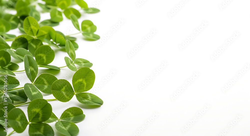 Obraz premium Fresh green clover leaves with three petals arranged on left side of white background natural plant texture copy space
