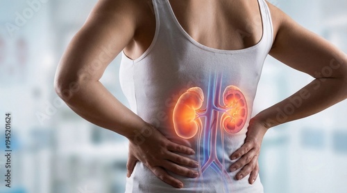 Woman suffering from kidney pain, with glowing organs indicating discomfort or illness.