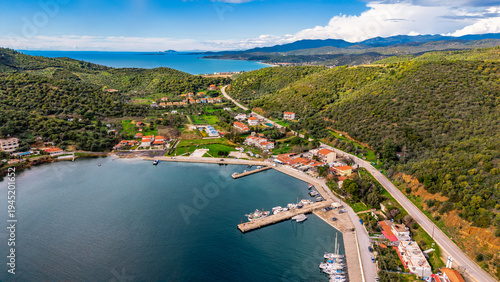 Aerial view of Porto Koufo harbor and bay on the Sithonia peninsula, Chalkidiki, Greece