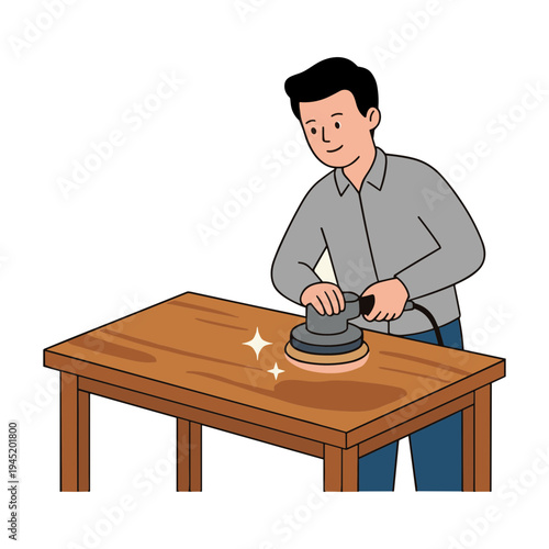 Man polishing wooden table with sander in workshop