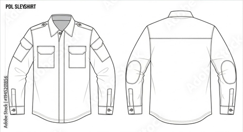 Detailed technical drawing of a long-sleeved military shirt.
