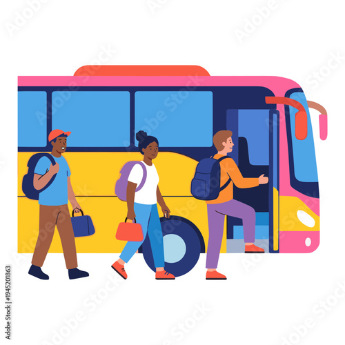 People boarding a colorful bus with luggage and backpacks on a sunny day