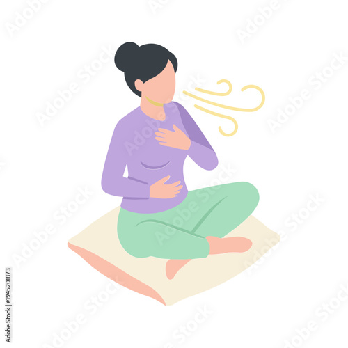 Woman sits cross-legged on a mat practicing deep breathing exercises