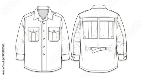 Technical Drawing of a Long-Sleeved Shirt with Pockets.
